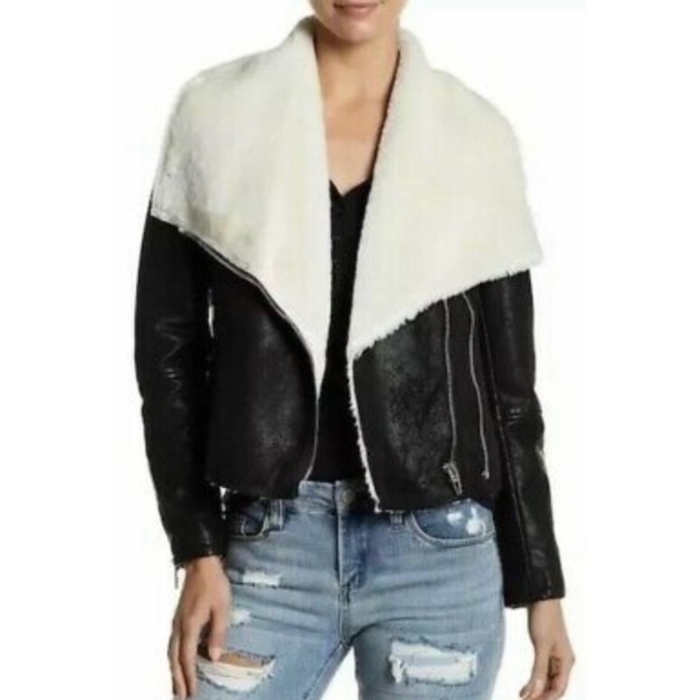 Blank NYC vegan suede leather moto jacket with fur